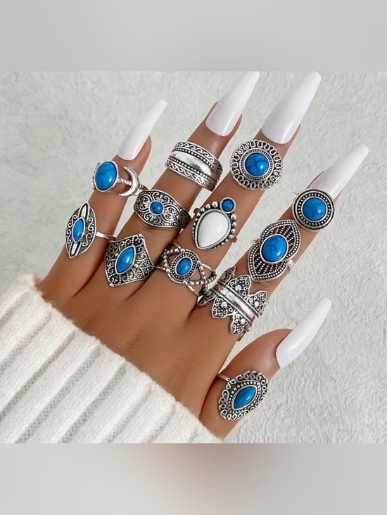 Jewelry - 12 Pcs Bohemian Turquoise Silver Stackable Ring Set - Women Jewelry